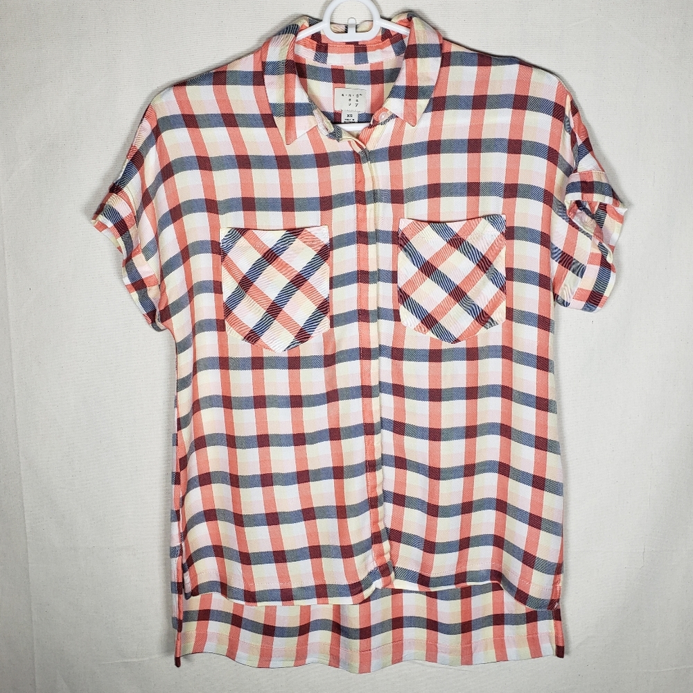 Soft short-sleeve plaid button down pink yellow XS